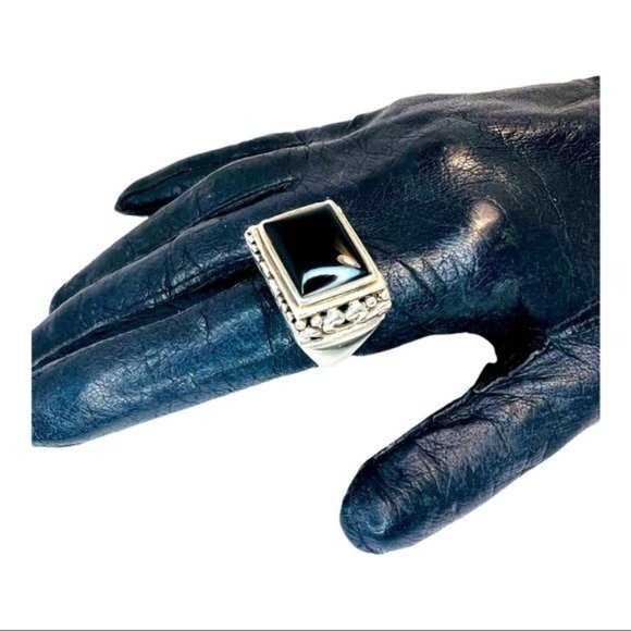 925 Thailand Silver Filigree Square Statement Ring with Black Onyx Cabochon Sz 9 - Picture 3 of 13